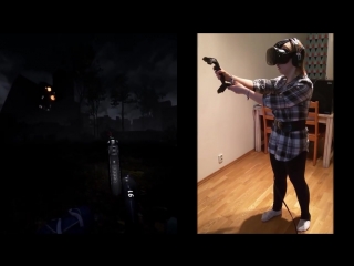 girl playing a horror game in a virtual reality helmet